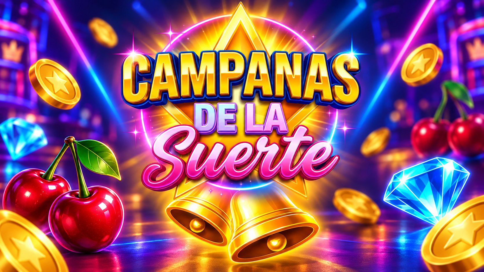 Campanas de La Suerte: campanas doradas, cerezas y diamantes en un casino de neón