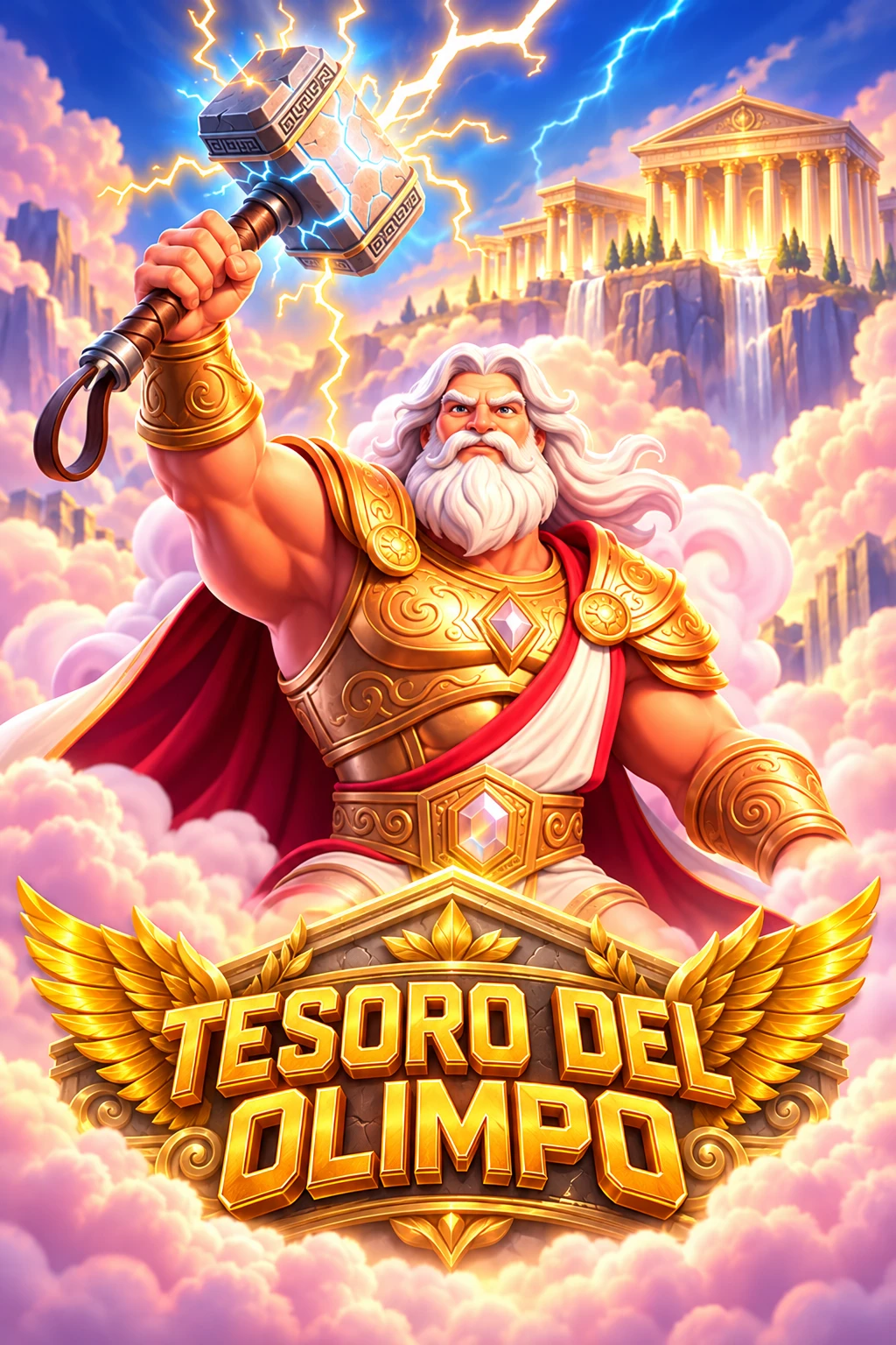 Zeus alza su martillo sobre el templo dorado del Olimpo