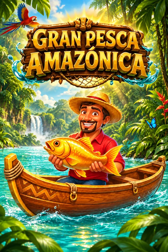 El pescador de Gran Pesca Amazónica sostiene un pez dorado en su barca por el río